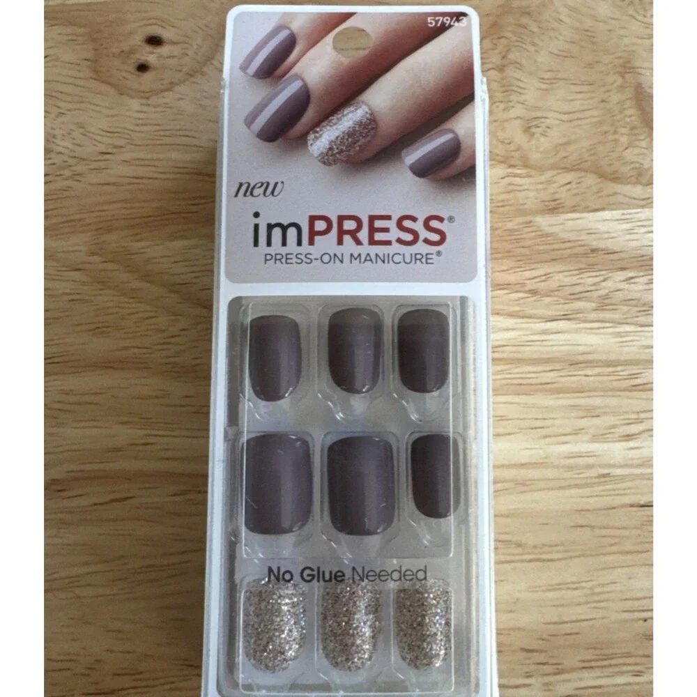 Impress Press on Nails “Night Fever” Tan and Rose Gold Glitter, NIB